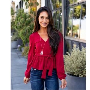 Red Faux Wrap Peplum Top